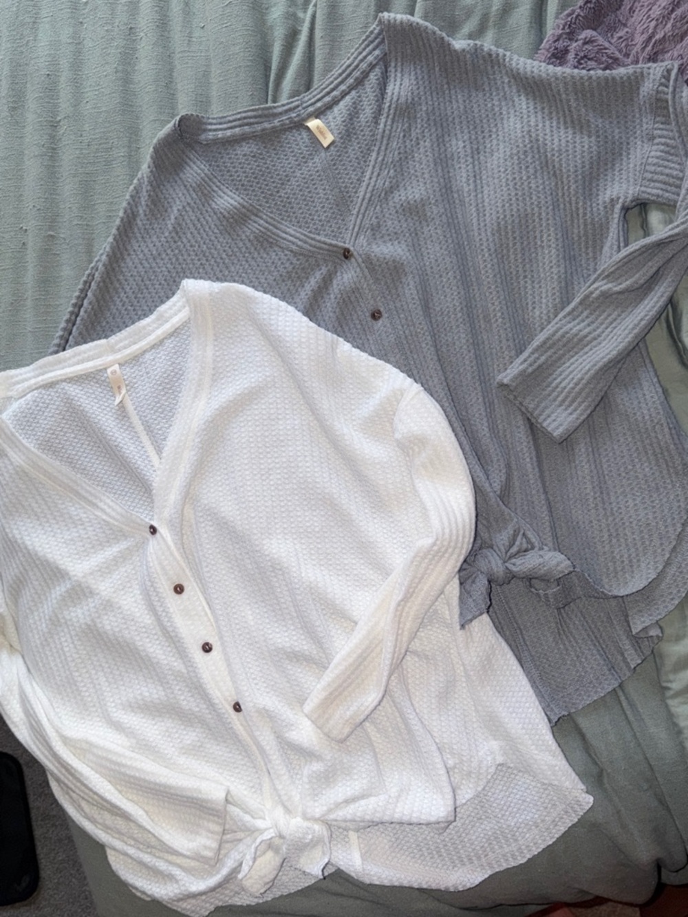 Pair of Lightweight Waffle Button Front Tie-Front Tops